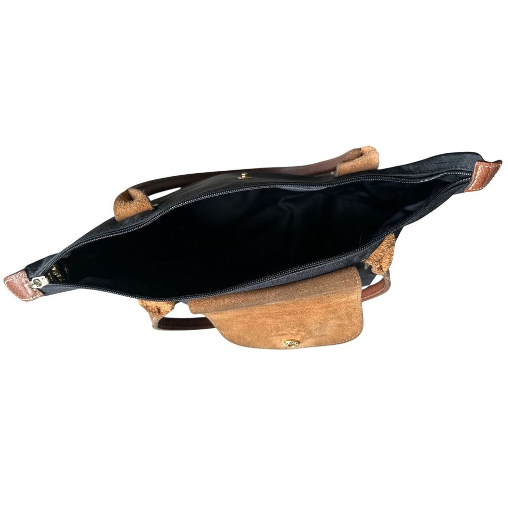Longchamp Le Pliage Shopping MODÈLE DÉPOSÉ Black w/ Brown Leather Trim Tote Bag - Picture 9 of 11